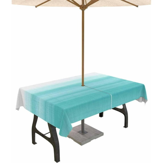 Outdoor Tablecloth with Umbrella Hole and Zipper 60 x 102 Inch Abstract Rustic Aqua White Gradient Table Cover for Rectangular Tables Waterproof Tabletop Collection for Patio Garden Picnic Camping