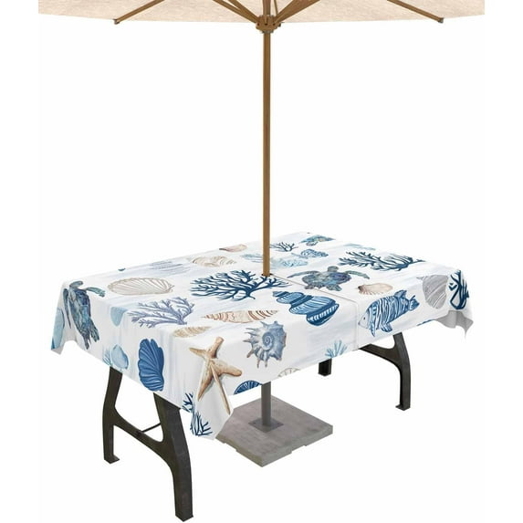 Outdoor Tablecloth with Umbrella Hole and Zipper 60 x 102 Inch Marine Organism Starfish Sea Turtle Coral Table Cover for Rectangular Tables Waterproof Tabletop Collection for Patio Garden Picnic