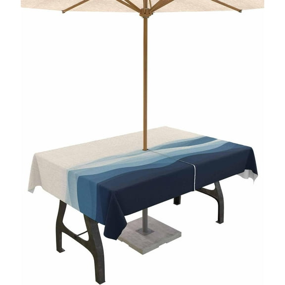 Outdoor Tablecloth with Umbrella Hole and Zipper 60 x 102 Inch Minimalist Abstract Blue Waves Linen Texture Table Cover for Rectangular Tables Waterproof Tabletop Collection for Patio Garden Picnic