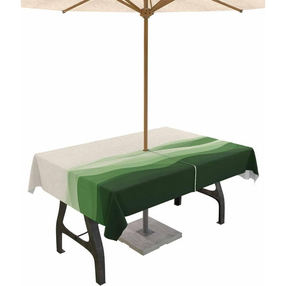 Outdoor Tablecloth with Umbrella Hole and Zipper 60 x 102 Inch Minimalist Abstract Green Waves Linen Texture Table Cover for Rectangular Tables Waterproof Tabletop Collection for Patio Garden Picnic