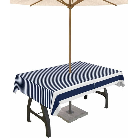Outdoor Tablecloth with Umbrella Hole and Zipper 60 x 102 Inch Stripes Abstract Navy Blue Geometric Simple Table Cover for Rectangular Tables Waterproof Tabletop Collection for Patio Garden Picnic