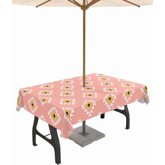 Outdoor Tablecloth with Umbrella Hole and Zipper 60 x 120 Inch Aztec Abstract Pattern Geometric Art Pink Table Cover for Rectangular Tables Waterproof Tabletop Collection for Patio Garden Picnic