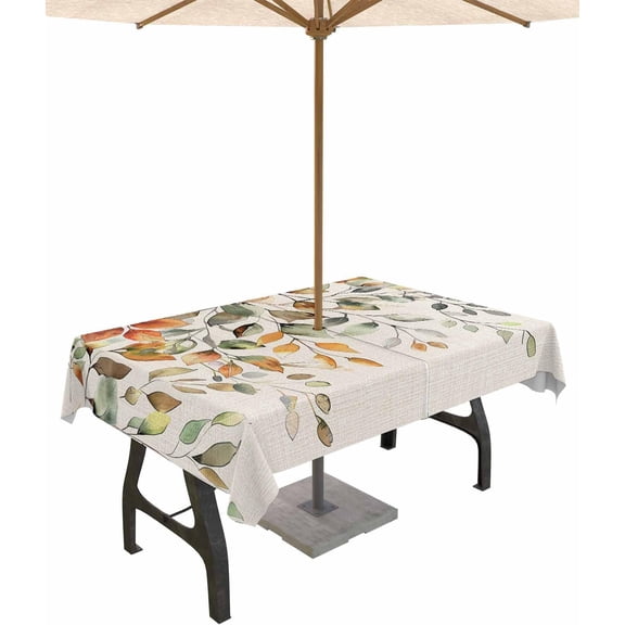 Outdoor Tablecloth with Umbrella Hole and Zipper 60 x 120 Inch Fall Sage Green Eucalyptus Leaves Linen Background Table Cover for Rectangular Tables Tabletop Collection for Patio Garden Picnic
