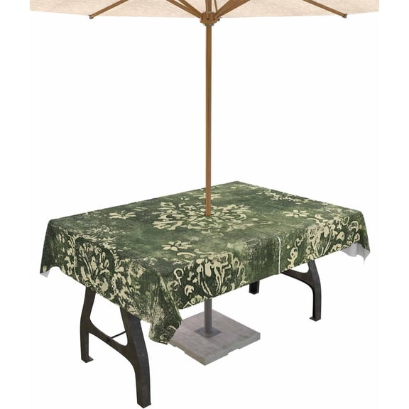Outdoor Tablecloth with Umbrella Hole and Zipper 60 x 120 Inch Vintage Floral Ethnic Oriental Mottled Texture Green Light Yellow Table Cover for Rectangular Tables Tabletop Collection for Patio