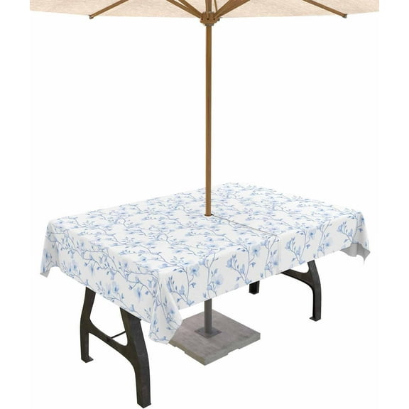Outdoor Tablecloth with Umbrella Hole and Zipper 60 x 84 Inch Blue Flowers Branches Pattern Table Cover for Rectangular Tables Waterproof Tabletop Collection for Patio Garden Picnic Camping
