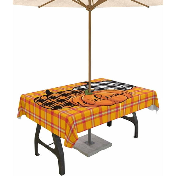 Outdoor Tablecloth with Umbrella Hole and Zipper 60 x 84 Inch Fall Pumpkins Cartoon Country Rustic Orange Red Plaid Table Cover for Rectangular Tables Tabletop Collection for Patio Garden Picnic