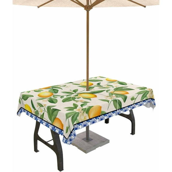 Outdoor Tablecloth with Umbrella Hole and Zipper 60 x 84 Inch Lemon with Leaves Blue Floral Pattern Linen Style Table Cover for Rectangular Tables Tabletop Collection for Patio Garden Picnic