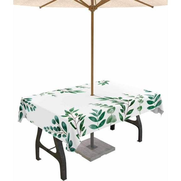 Outdoor Tablecloth with Umbrella Hole and Zipper 60 x 84 Inch Plants Rustic Farmhouse Style Green Leaves Table Cover for Rectangular Tables Waterproof Tabletop Collection for Patio Garden Picnic