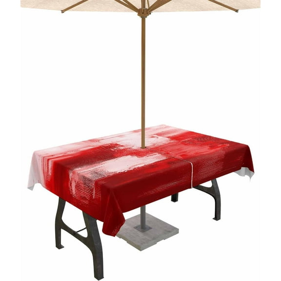 Outdoor Tablecloth with Umbrella Hole and Zipper 60 x 84 Inch Red White Paint Texture Table Cover for Rectangular Tables Waterproof Tabletop Collection for Patio Garden Picnic Camping