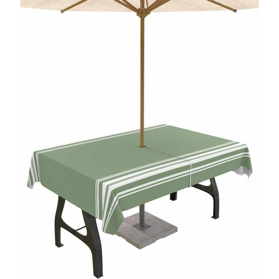Outdoor Tablecloth with Umbrella Hole and Zipper 60 x 84 Inch Sage Dark Green White Striped Table Cover for Rectangular Tables Waterproof Tabletop Collection for Patio Garden Picnic Camping