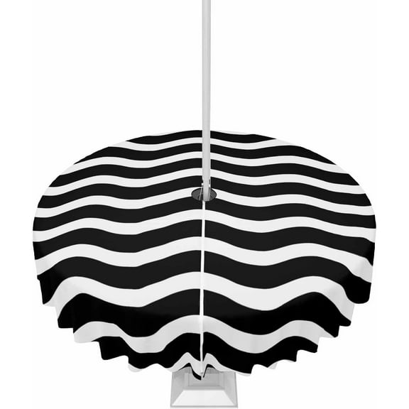 Outdoor Tablecloth with Umbrella Hole and Zipper 60R Black and White Water Ripple Striped Table Cover for Round Tables Waterproof Tabletop Collection for Patio Garden Picnic Camping