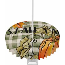 Outdoor Tablecloth with Umbrella Hole and Zipper 60R Fall Thanksgiving Pumpkin Maple Leave Green Buffalo Plaid Table Cover for Round Tables Waterproof Tabletop Collection for Patio Garden Picnic