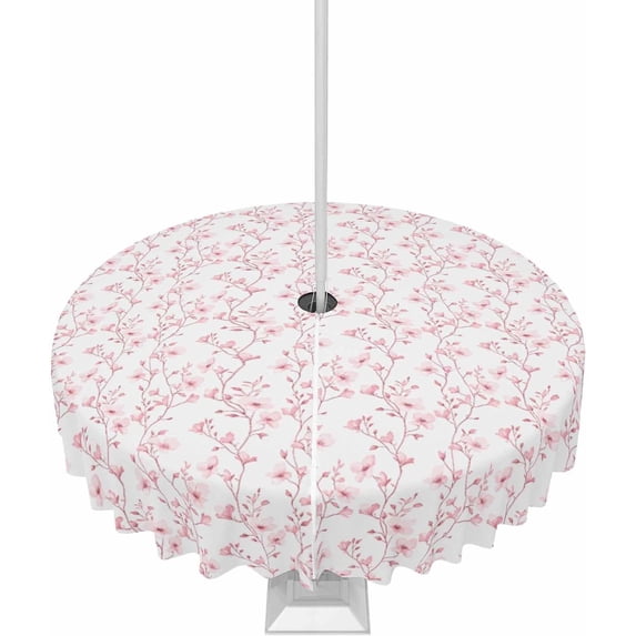 Outdoor Tablecloth with Umbrella Hole and Zipper 60R Pink Flowers Branches Pattern Table Cover for Round Tables Waterproof Tabletop Collection for Patio Garden Picnic Camping