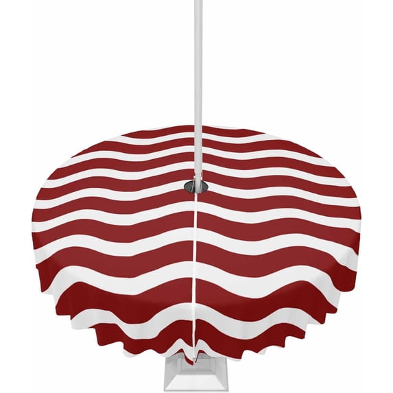 Outdoor Tablecloth with Umbrella Hole and Zipper 60R Red Ripples Stripes Table Cover for Round Tables Waterproof Tabletop Collection for Patio Garden Picnic Camping