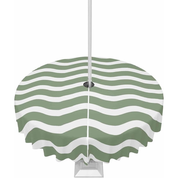 Outdoor Tablecloth with Umbrella Hole and Zipper 60R Sage Green Ripples Stripes Table Cover for Round Tables Waterproof Tabletop Collection for Patio Garden Picnic Camping