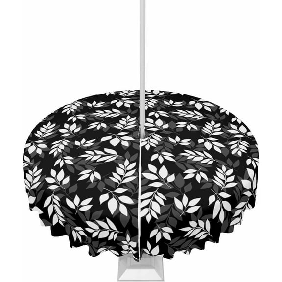 Outdoor Tablecloth with Umbrella Hole and Zipper 60R Spring Pastoral Leaves Black Table Cover for Round Tables Waterproof Tabletop Collection for Patio Garden Picnic Camping