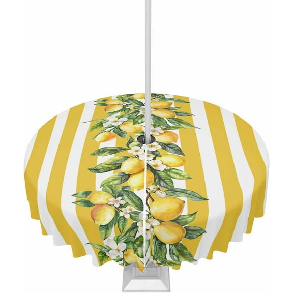 Outdoor Tablecloth with Umbrella Hole and Zipper 60R Summer Lemon Flowers Leaves Yellow White Stripes Table Cover for Round Tables Waterproof Tabletop Collection for Patio Garden Picnic Camping
