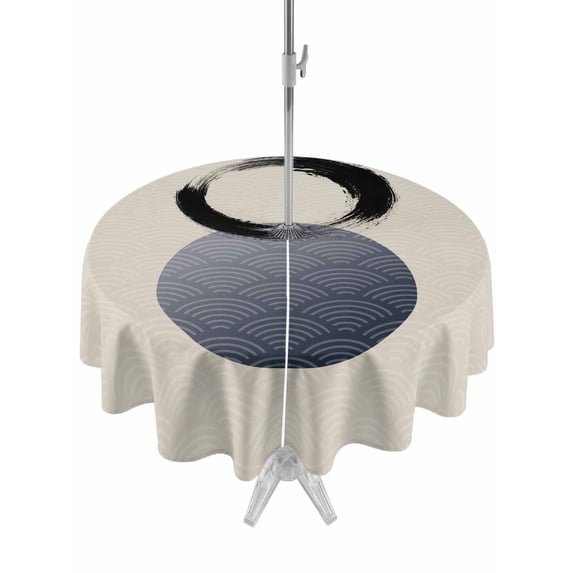 Outdoor Tablecloth with Umbrella Hole Zipper Abstract Art Sun Round Tablecloth 60" Waterproof Outside Table Cloth Modern Art Black Round Rustic Patio Table Cover Tablecloths for Picnic Party