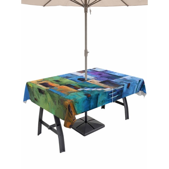 Outdoor Tablecloth with Umbrella Hole and Zipper, Abstract Blue Rectangle Table Cloth 60x102 Inch Waterproof Tablecloth, Painting Buildings Geometric Modern Art Picnic Table Cover for Patio Camping