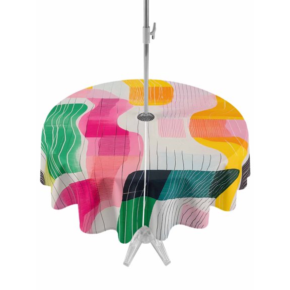 Outdoor Tablecloth with Umbrella Hole Zipper Abstract Geometric Round Tablecloth 54" Waterproof Outside Table Cloth Colorful Aesthetics Minimalist Patio Table Cover Tablecloths for Picnic Party