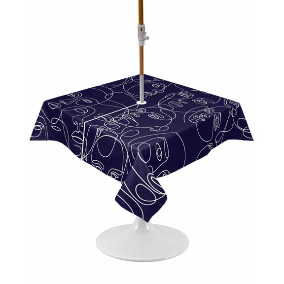 Outdoor Tablecloth with Umbrella Hole and Zipper Abstract Human Face Square Tablecloths 54x54 Inch Waterproof Table Cloths Aesthetic Portrait Lines Blue Patio Table Cover for Picnic BBQS Party