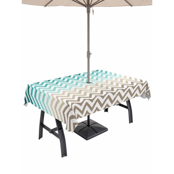 Outdoor Tablecloth with Umbrella Hole and Zipper, Abstract Ombre Herringbone Texture Rectangle Waterproof Table Cover 60x84in Washable Table Cloth for Patio Picnic Party Green Teal Khaki Gradient