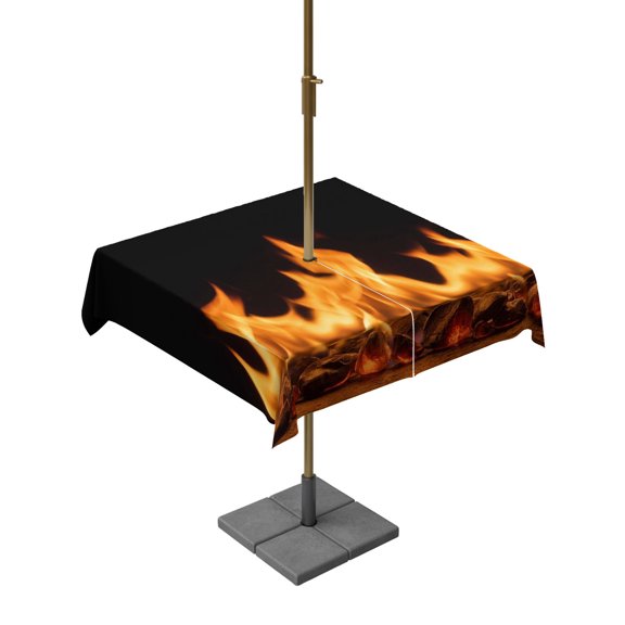 Outdoor Tablecloth with Umbrella Hole and Zipper, Abstract Orange Flame on Black Square Waterproof Table Cover 54x54in Washable Table Cloth for Patio Picnic Party Flickering Fire Pattern