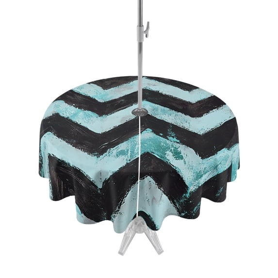 Outdoor Tablecloth with Umbrella Hole Zipper Abstract Teal Round Tablecloth 60" Waterproof Outside Table Cloth Geometric Zigzag Waves Bohemian Stripes Patio Table Cover Tablecloths for Picnic Party