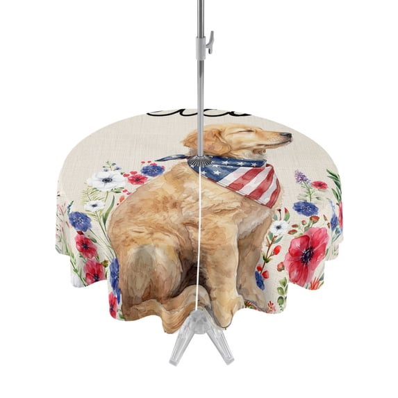 Outdoor Tablecloth with Umbrella Hole Zipper America Flag Round Tablecloth 60" Waterproof Outside Table Cloth Rustic Farmhouse Cute Dogs Floral Beige Patio Table Cover Tablecloths for Picnic Party