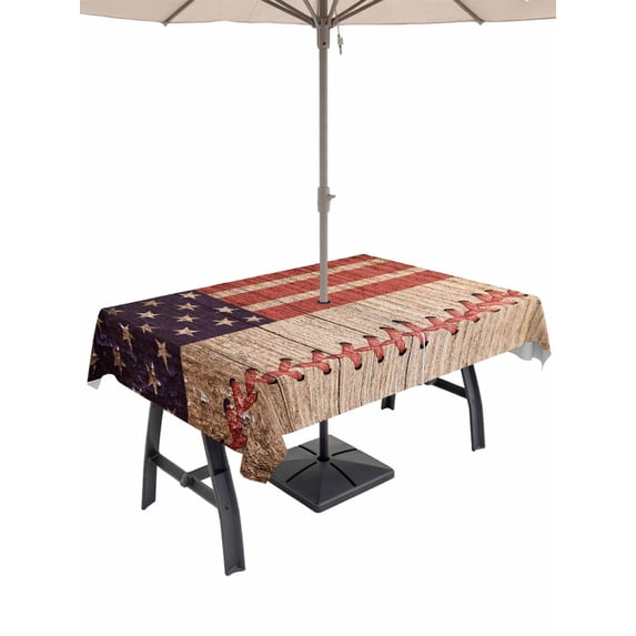 Outdoor Tablecloth with Umbrella Hole and Zipper, American Flag Vintage Rectangle Table Cloth 60x120 Inch Waterproof Tablecloth, Farmhouse Baseball Blue Red Picnic Table Cover for Patio Camping