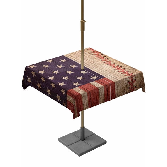 Outdoor Tablecloth with Umbrella Hole and Zipper, American Flag Vintage Square Table Cloth 60x60 Inch Waterproof Tablecloth, Farmhouse Baseball Blue Red Picnic Table Cover for Patio Camping