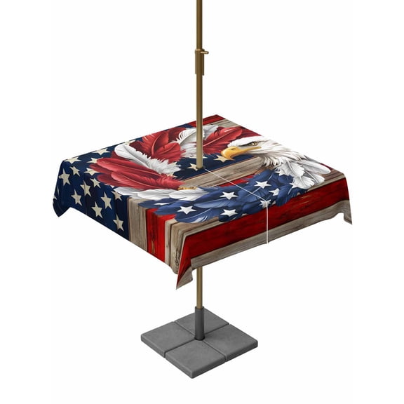 Outdoor Tablecloth with Umbrella Hole and Zipper, American Flag Waterproof Patio Tablecloth for Dining 54''x54'', Blue Red USA Flag Eagle Wreath Wipeable Table Cover for Picnic BBQ Party Patio