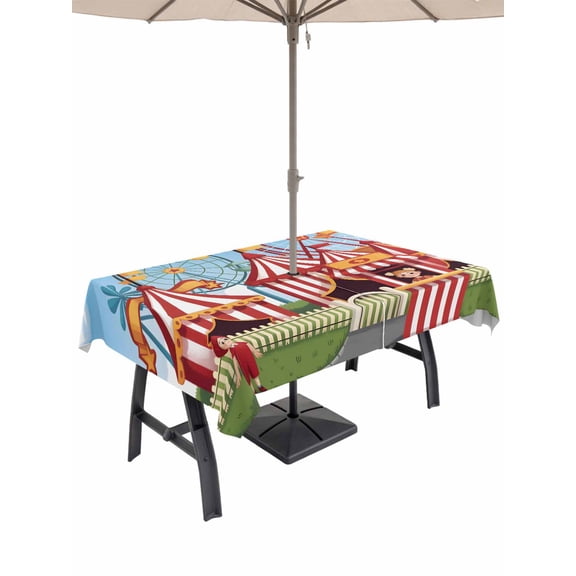 Outdoor Tablecloth with Umbrella Hole and Zipper, Amusement Park Rectangle Table Cloth 54x80 Inch Waterproof Tablecloth, Cute Cartoon Wheelwheels Circus Picnic Table Cover for Patio Camping
