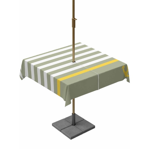 Outdoor Tablecloth with Umbrella Hole and Zipper, Anchor Sage Green Square Table Cloth 60x60 Inch Waterproof Tablecloth, Yellow Nautical White Geometric Stripe Picnic Table Cover for Patio Camping