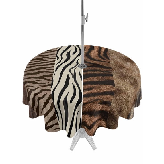 Outdoor Tablecloth with Umbrella Hole and Zipper, Animals Printed Striped Round Table Cloth 54 Inch Waterproof Tablecloth, Rustic Country Zebra Textured Picnic Table Cover for Patio Camping
