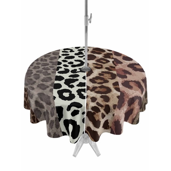 Outdoor Tablecloth with Umbrella Hole Zipper Animals Printed Striped Round Tablecloth 60" Waterproof Outside Table Cloth Rustic Country Leopard Textured Patio Table Cover Tablecloths for Picnic Party