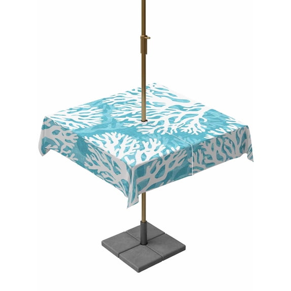 Outdoor Tablecloth with Umbrella Hole & Zipper, Aqua Blue Coastal Square Tablecloth 60x60 Inch, Summer Nautical Ocean Beach Patio Table Cover Waterproof Table Cloth for Picnic/Party