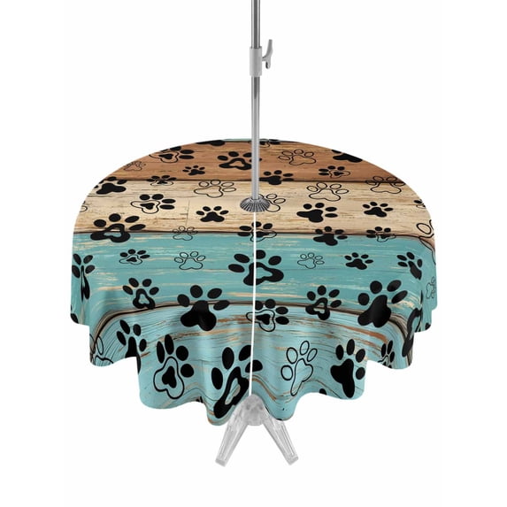 Outdoor Tablecloth with Umbrella Hole and Zipper, Aqua Brown Round Table Cloth 60 Inch Waterproof Tablecloth, Rustic Farmhouse Dog Paw Vintage Picnic Table Cover for Patio Camping