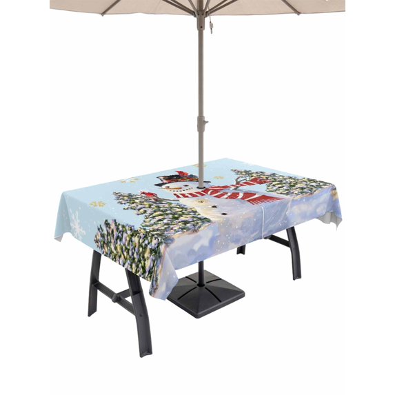 Outdoor Tablecloth with Umbrella Hole and Zipper, Aqua Christmas Snowman Rectangle Table Cloth 52x70 Inch Waterproof Tablecloth, Winter Xmas Tree Snowflakes Picnic Table Cover for Patio Camping
