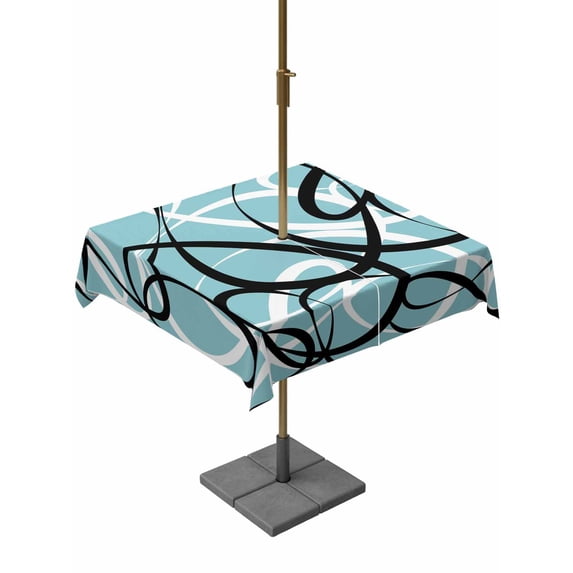 Outdoor Tablecloth with Umbrella Hole and Zipper, Aqua Geometric Square Table Cloth 60x60 Inch Waterproof Tablecloth, Modern Black White Striped Abstract Lines Picnic Table Cover for Patio Camping