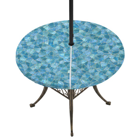 Outdoor Tablecloth with Umbrella Hole and Zipper Aqua Shattered Glass Pattern Round Fitted Table Cover with Elastic Waterproof Coastal Shiny Tile Patio Tablecloths for Picnic BBQS Garden Fit 55"-60"