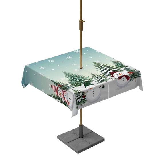 Outdoor Tablecloth with Umbrella Hole and Zipper, Aurora Christmas Snowman Square Table Cloth 60x60 Inch Waterproof Tablecloth, Xmas Snowflake Tree Winter Picnic Table Cover for Patio Camping