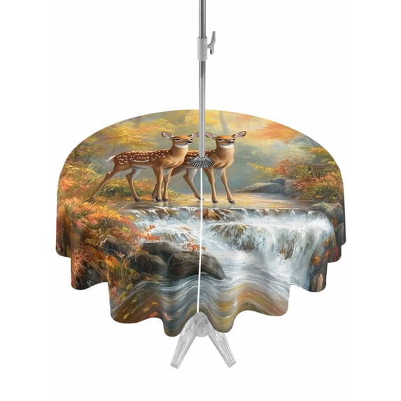 Outdoor Tablecloth with Umbrella Hole Zipper Autumn Forest Deer Round Tablecloth 54" Waterproof Outside Table Cloth Elk River Vintage Patio Table Cover Tablecloths for Picnic Party