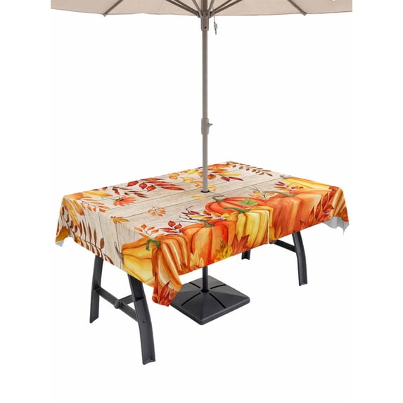 Outdoor Tablecloth with Umbrella Hole and Zipper, Autumn Pumpkin Rectangle Table Cloth 52x70 Inch Waterproof Tablecloth, Thanksgiving Orange Red Vintage Wooden Picnic Table Cover for Patio Camping