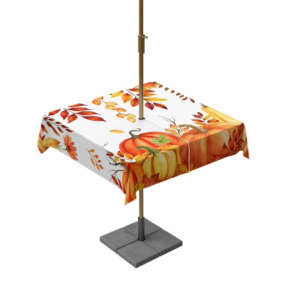Outdoor Tablecloth with Umbrella Hole and Zipper, Autumn Pumpkin Square Table Cloth 54x54 Inch Waterproof Tablecloth, Thanksgiving Fall Orange Red Gold Leaf Picnic Table Cover for Patio Camping