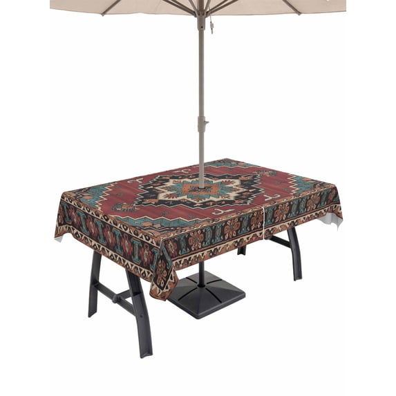 Outdoor Tablecloth with Umbrella Hole and Zipper, Aztec Southwest Rectangle Table Cloth 52x70 Inch Waterproof Tablecloth, Red Brown Boho Chic Abstract Geometric Picnic Table Cover for Patio Camping