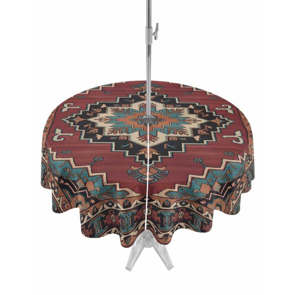 Outdoor Tablecloth with Umbrella Hole and Zipper, Aztec Southwest Round Table Cloth 54 Inch Waterproof Tablecloth, Red Brown Boho Chic Abstract Geometric Picnic Table Cover for Patio Camping