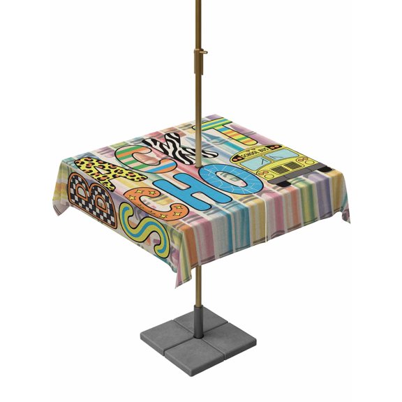 Outdoor Tablecloth with Umbrella Hole and Zipper, Back to School Bus Crayon Square Waterproof Table Cover 54x54in Washable Table Cloth for Patio Picnic Party Leopard Plaid Stripe Texture Linen