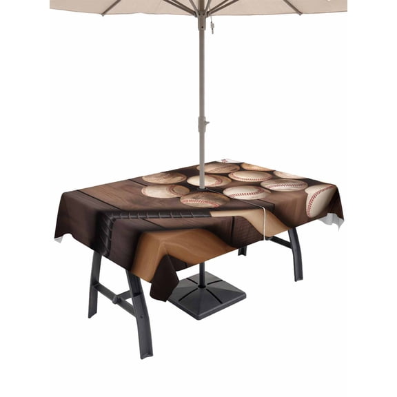 Outdoor Tablecloth with Umbrella Hole and Zipper, Baseball Rectangle Table Cloth 54x80 Inch Waterproof Tablecloth, Farmhouse Retro Sport Theme Brown Wooden Grain Picnic Table Cover for Patio Camping