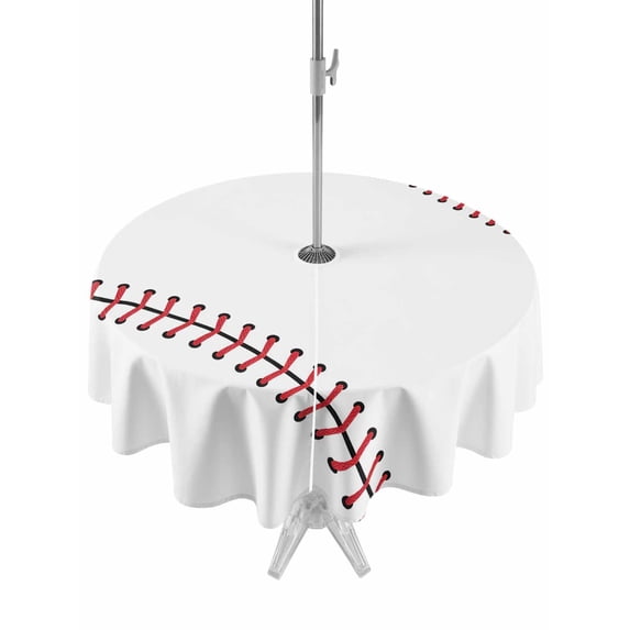 Outdoor Tablecloth with Umbrella Hole Zipper Baseball Round Tablecloth 54" Waterproof Outside Table Cloth Modern Minimalist Red Lines Patio Table Cover Tablecloths for Picnic Party